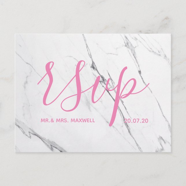Wedding Rsvp card | White Marble Script Pink (Front)