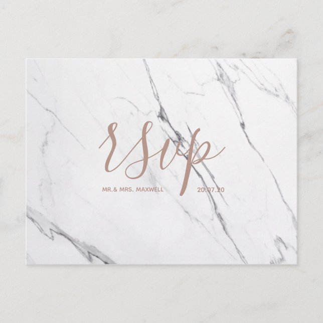 Wedding Rsvp card | White Rose Gold Marble Script (Front)