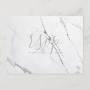 Wedding Rsvp card White Silver Gray Marble Script