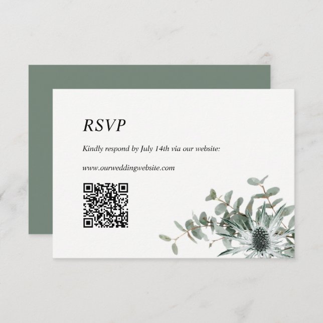 Wedding RSVP Card with QR Code Sage Green Thistle (Front/Back)