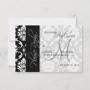 Wedding RSVP Cards Black Damask Monogram