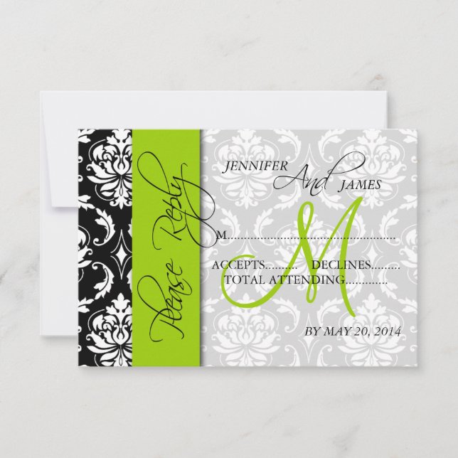 Wedding RSVP Cards Damask Monogram Green (Front)