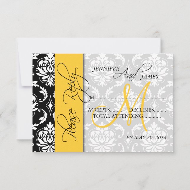 Wedding RSVP Cards Damask Monogram Yellow (Front)