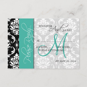 Wedding RSVP Cards Damask Turquoise Monogram