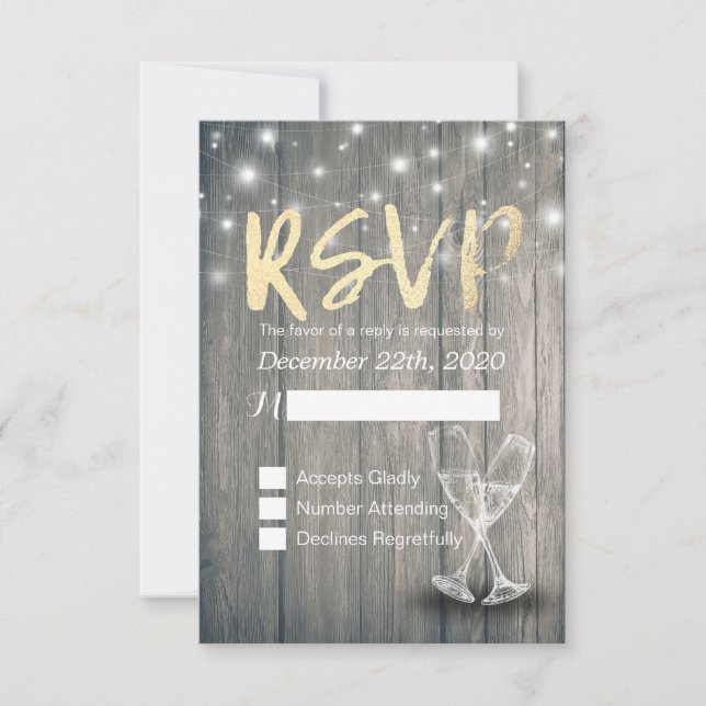 Wedding RSVP Champagne Glasses Wood String Lights Card (Front)
