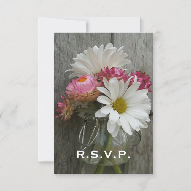Wedding RSVP: Daisies, Strawflowers, & Barnwood RSVP Card (Front)