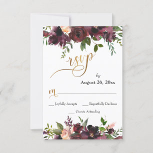 Wedding RSVP Deep Red Burgundy Floral Gold Script Card