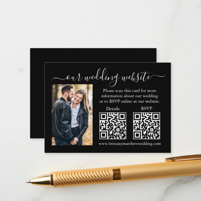 Wedding RSVP Details Photo 2 QR Black Enclosure Card (Front/Back In Situ)