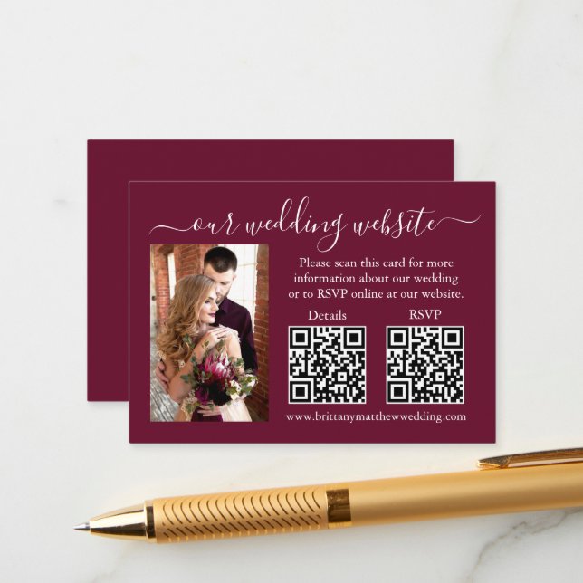 Wedding RSVP Details Photo 2 QR Burgundy Enclosure Card (Front/Back In Situ)