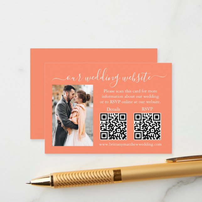 Wedding RSVP Details Photo 2 QR Coral Enclosure Card (Front/Back In Situ)