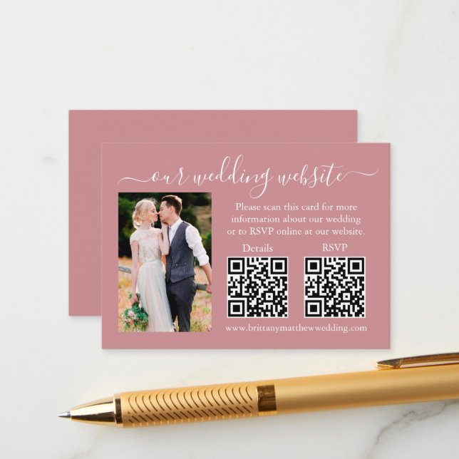 Wedding RSVP Details Photo 2 QR Dusty Rose Enclosure Card (Front/Back In Situ)