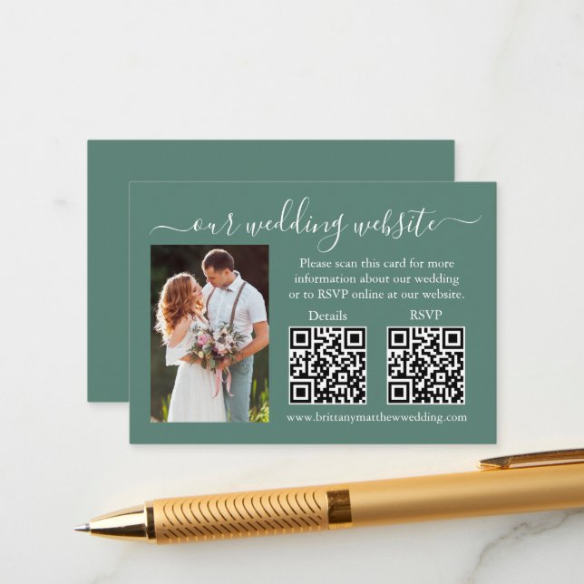 Wedding RSVP Details Photo 2 QR Eucalyptus Green Enclosure Card (Front/Back In Situ)