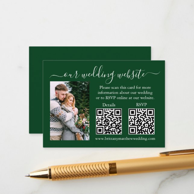 Wedding RSVP Details Photo 2 QR Green Enclosure Card (Front/Back In Situ)