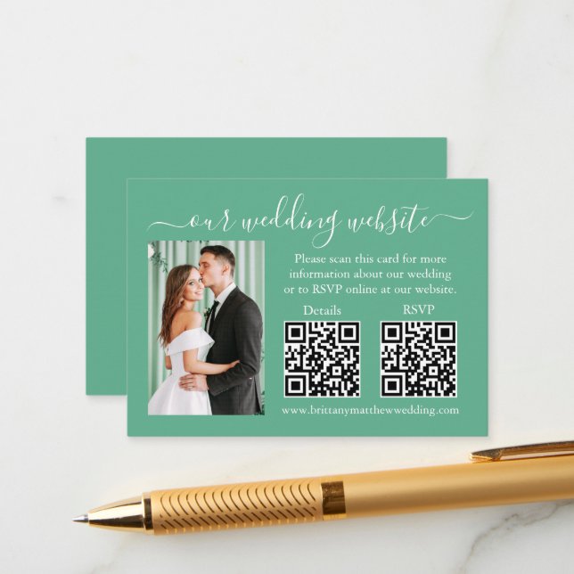 Wedding RSVP Details Photo 2 QR Mint Green Enclosure Card (Front/Back In Situ)