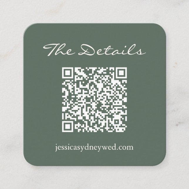 Wedding RSVP Details QR Code Dark Sage Square Enclosure Card (Front)