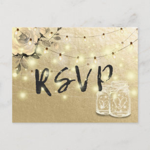 Wedding RSVP Floral Mason Jar String Lights Gold Invitation Postcard