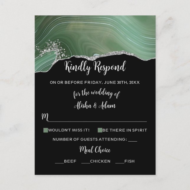 Wedding RSVP Green Agate Silver Glitter on Black Postcard (Front)