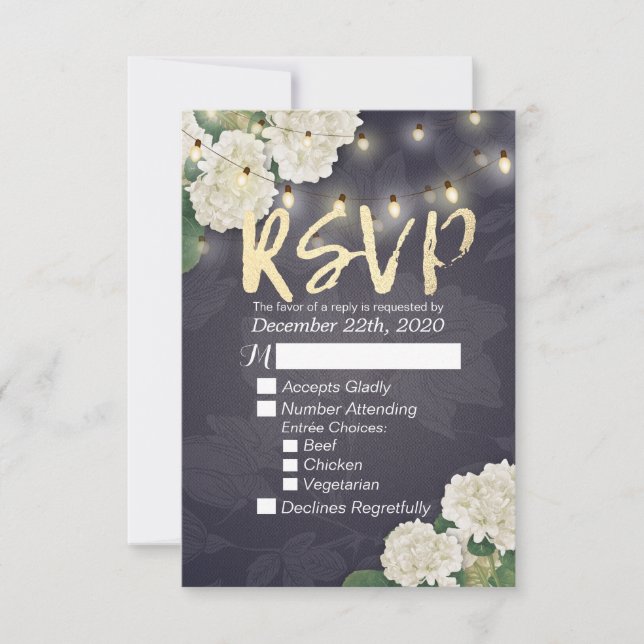 Wedding RSVP Hydrangea Flowers String Lights Blue (Front)