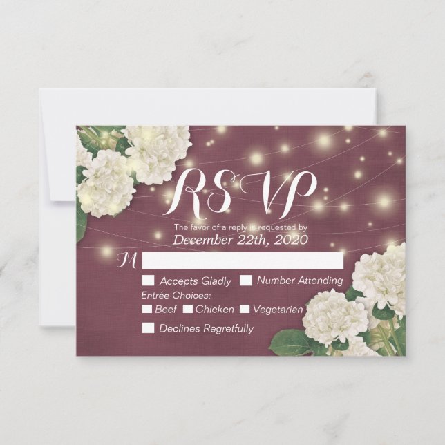 Wedding RSVP Hydrangea String Lights Burgundy Red Card (Front)