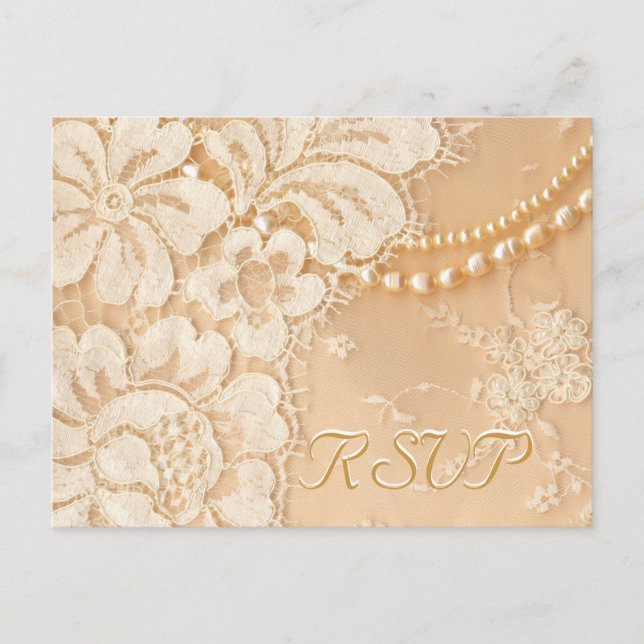 Wedding RSVP Lace and Pearls Invitation Postcard (Front)