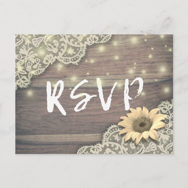 Wedding RSVP Lace Sunflower Wood and String Lights Invitation Postcard (Front)