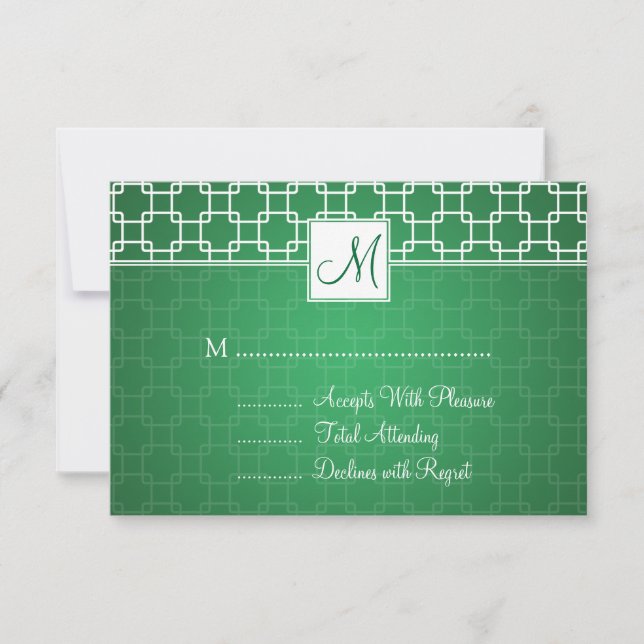 Wedding RSVP Monogram Trellis Pattern Green Card (Front)