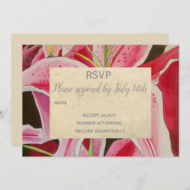 Wedding RSVP Pink lillies flower art rustic Invitation (Front/Back)