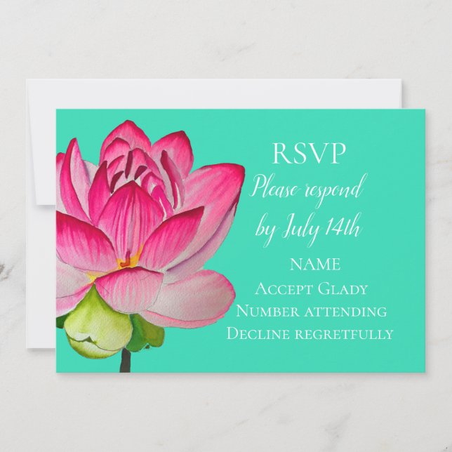 Wedding RSVP pink lotus watercolor art flower Invitation (Front)
