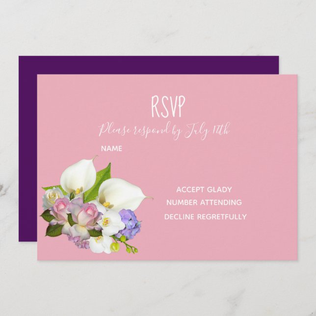 Wedding RSVP pink pastel floral and purple theme Invitation (Front/Back)