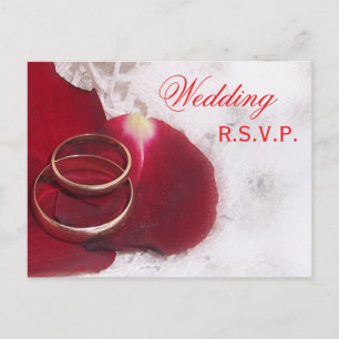 Wedding RSVP Postcard Gold Rings Rose Petals