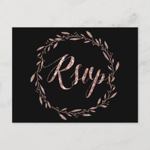 Wedding RSVP Postcards Rose Gold Foil Wreath Black