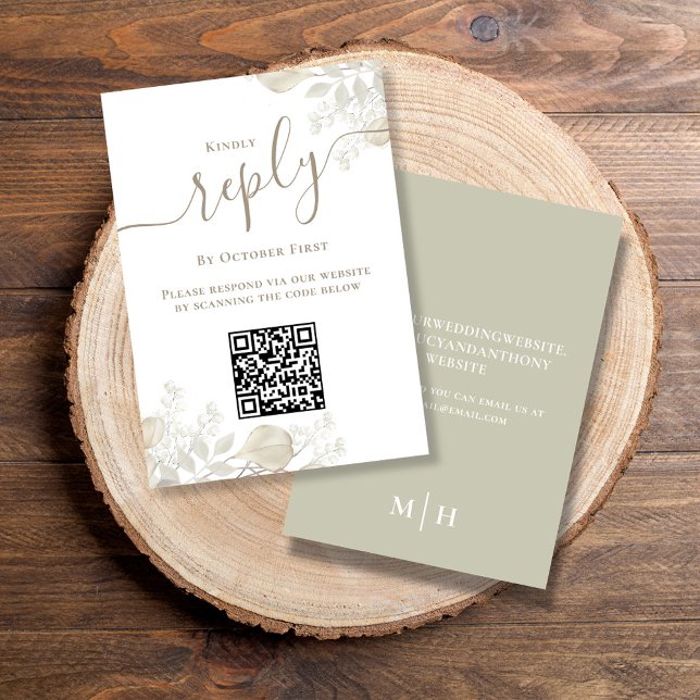 Wedding RSVP QR Code Elegant Sage Greenery Card (Simple Wedding reply card with a sage green background and QR code template.)