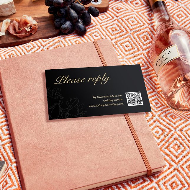 Wedding RSVP | QR Code Minimalist Black and Gold Place Card (Creator Uploaded)