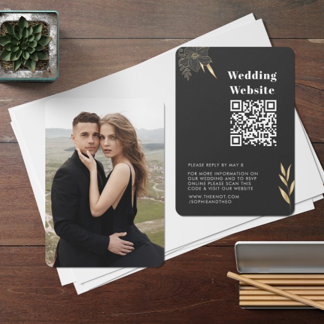 Wedding RSVP | QR Code Modern  Black Gold photo Enclosure Card (wedding website QR code card mockup)