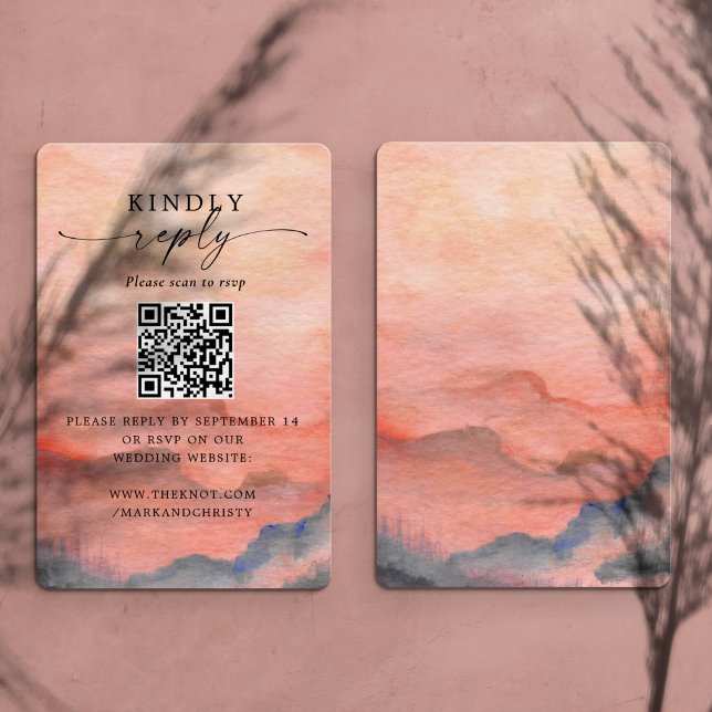 Wedding RSVP QR Code Sunset Mountain Enclosure Card (Front and Back of RSVP QR Code enclosure card in a Mountain Sunset watercolor background.)