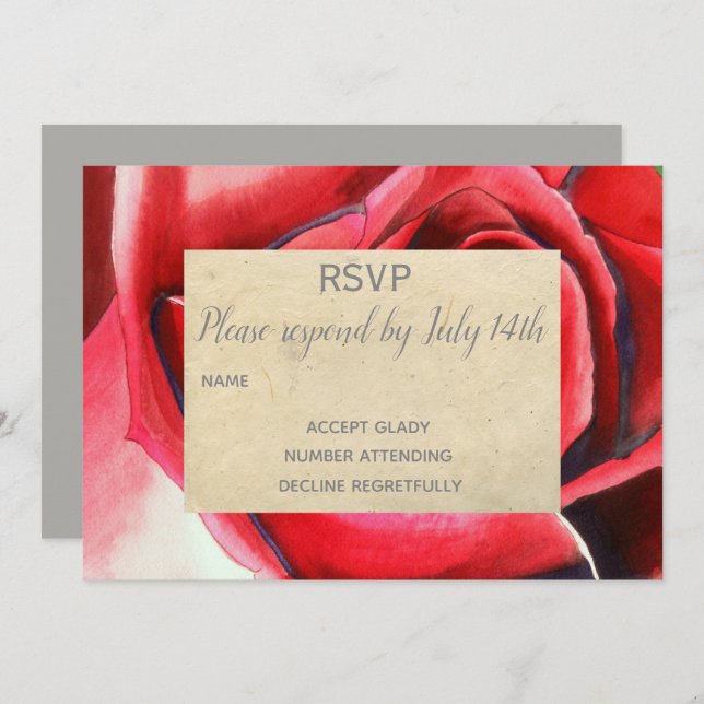 Wedding RSVP Red Rose flower art rustic Invitation (Front/Back)