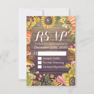 Wedding RSVP Reply Autumn Maple Leaf Pumpkins Wood Card