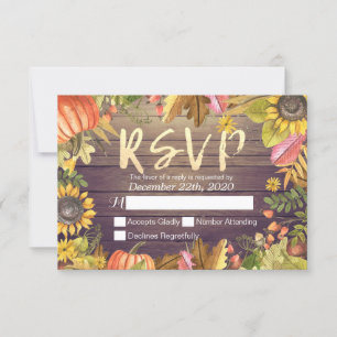 Wedding RSVP Reply Autumn Maple Leaf Pumpkins Wood Card