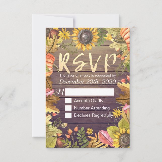 Wedding RSVP Reply Autumn Maple Leaf Pumpkins Wood Card (Front)