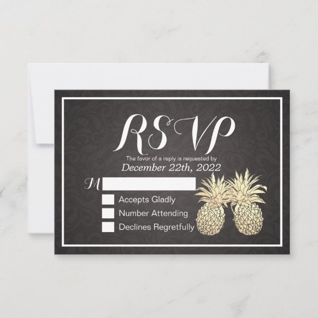 Wedding RSVP Reply Black Gold Pineapple Couple Card (Front)