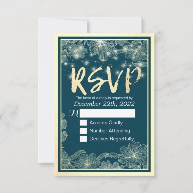 Wedding RSVP Reply Blue Gold Flowers String Lights Card (Front)