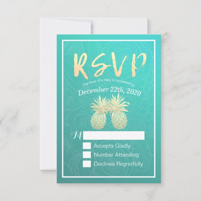 Wedding RSVP Reply Gold Pineapple Couple Teal Rose (Front)
