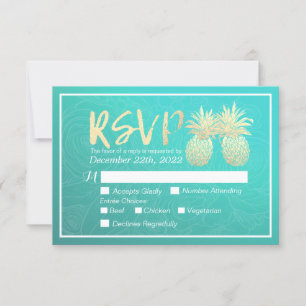 Wedding RSVP Reply Gold Pineapple Couple Teal Rose Card
