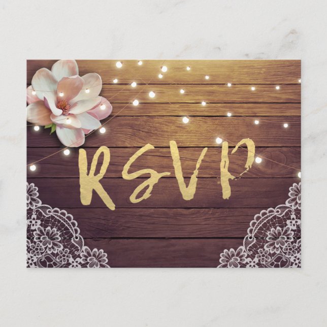Wedding RSVP Reply Rustic Wood Floral String Light Invitation Postcard (Front)