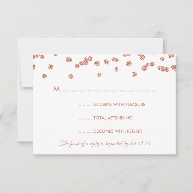 Wedding RSVP Rose Gold Glitter Confetti Navy Blue Card (Front)
