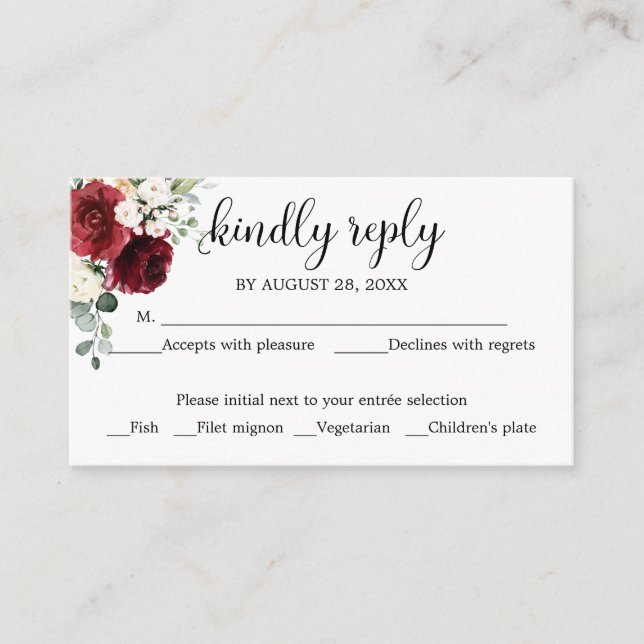 Wedding RSVP Rustic Chalk Burgundy Floral Enclosure Card (Front)