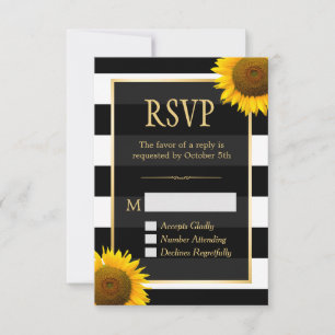 Wedding RSVP Rustic Sunflower Black White Striped Card