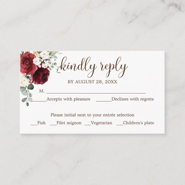 Wedding RSVP Rustic Wood Burgundy Floral Enclosure Card (Front)