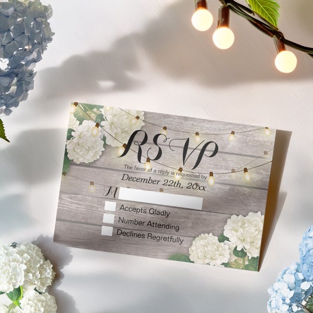 Wedding RSVP Rustic Wood Hydrangea String Lights (Creator Uploaded)