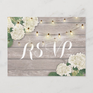 Wedding RSVP Rustic Wood Hydrangea String Lights Invitation Postcard